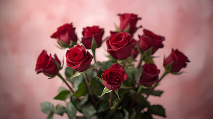Fototapeta premium Beautiful bouquet of deep red roses on soft pink background