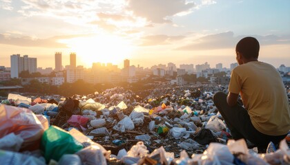 Person on landfill overlooking city at sunset, depicting environmental pollution and urgent waste challenges