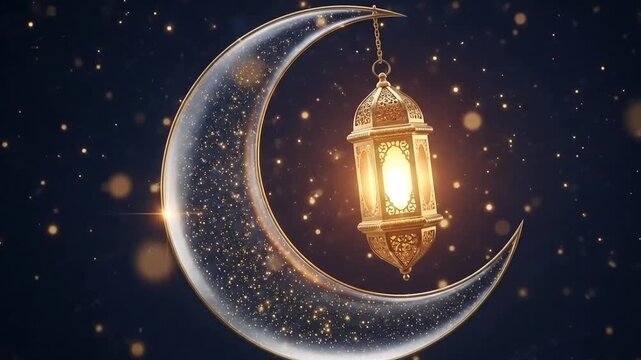 Eid Mubarak islamic crescent moon animation with glowing lantern at night spiritual ramadan festival visual for greeting motion background branding and festive marketing use