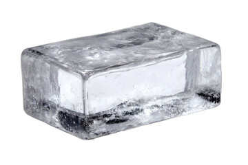 Rectangular block of clear ice, solid and cool, with subtle internal textures