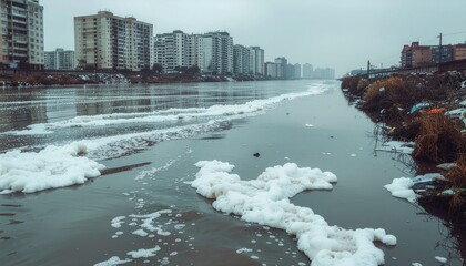 A polluted urban waterway choked with white foam and debris, reflecting severe environmental neglect and the dire consequences of industrial waste in a city landscape