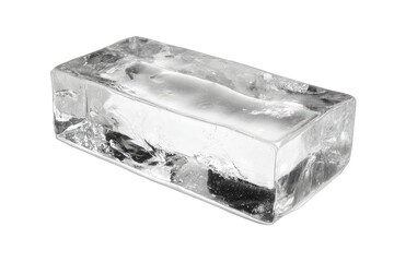 Rectangular block of clear, solid ice on black background