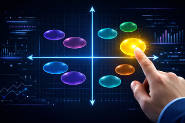 Professional Hand Interacting with Glowing Interactive Quadrant Chart for Business Growth and Market Research Insights.