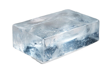 A clear, rectangular block of ice with sharp edges and slight imperfections