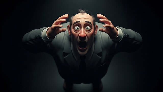Exaggerated 3D Cartoon Businessman in Suit Screaming in Extreme Shock and Fear. Dramatic Worm's Eye View Character Rendering Illustrating Panic, Stress, and Anxiety on a Dark Background.