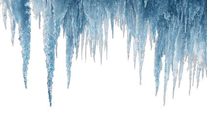 Jagged, icy formations hang from an unseen ceiling, dripping downward