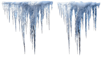 Two large clusters of sharp, transparent icicles hanging down from a snowy ledge