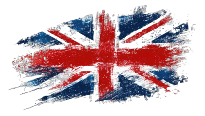 Distressed, textured UK flag with bold brushstrokes on black