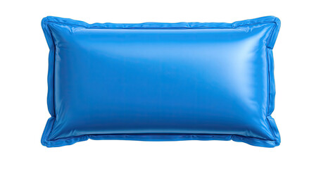A shiny, rectangular, inflatable object, likely a pillow, colored a vibrant blue