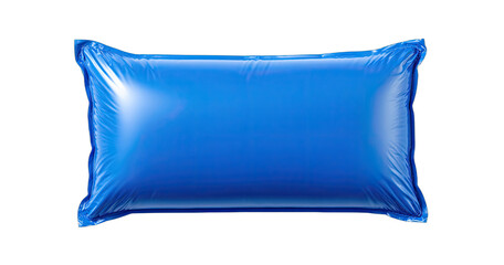 A shiny, blue, rectangular cushion with rounded corners, inflated