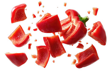 Bright red bell pepper chunks exploding into pieces against a dark background