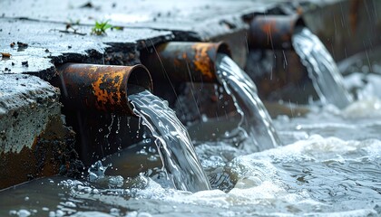 Industrial wastewater discharge from pipes into a river, illustrating pollution and environmental damage