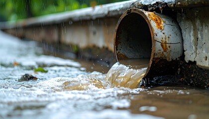 A rusty drainage pipe outflows murky water onto a wet pavement during rainfall, symbolizing pollution and environmental concerns