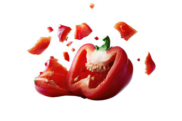 Red bell pepper sliced and exploding into pieces against a black background