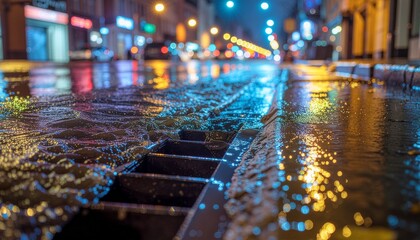 Heavy rain pours into a storm drain on a wet city street at night, reflecting vibrant urban lights and creating a moody atmosphere