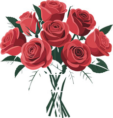 Vector Bouquet of Eight Red Roses: Realistic Floral Arrangement with Green Leaves, Detailed Petals, and Romantic Symmetrical Design.