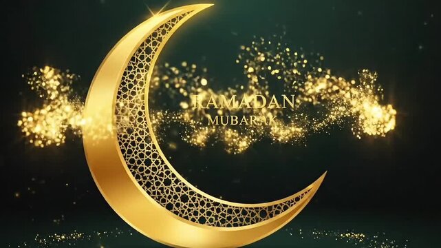 Ramadan Mubarak golden crescent moon animation with islamic pattern on dark background spiritual festival motion design for eid branding and marketing use