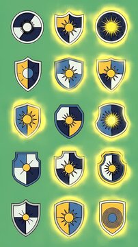 Animated Shields With Sun Emblem Glowing Brightly On Green Background