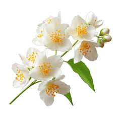 Delicate white star-shaped blossoms with vibrant yellow stamens on green stems