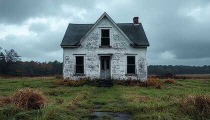 An eerie abandoned farmhouse stands isolated in a desolate field under a moody, overcast sky, its weathered facade telling tales of forgotten times and quiet decay