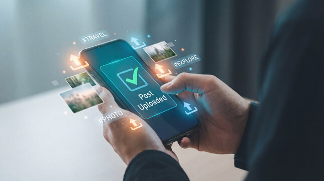 Person uploading photos to cloud storage on smartphone with upload complete message on screen - Powered by Adobe