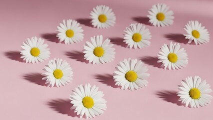 Obraz premium Scattered white daisies with soft shadows on a pastel pink surface viewed from directly above