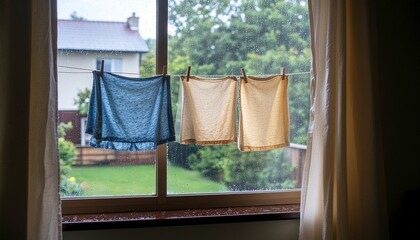 Laundry drying on a clothesline outside a window on a rainy day