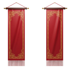 Two hanging red silk banners with gold ornate traditional patterns
