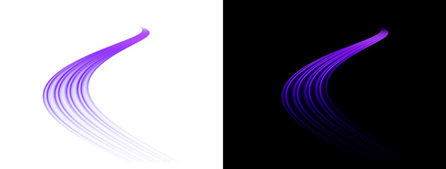 Abstract purple light trails swirl on transparent grid and black background dynamic motion effect...