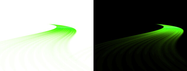 Abstract futuristic swirl effect glowing road light trail in bright green color creating speed motion on a dark background