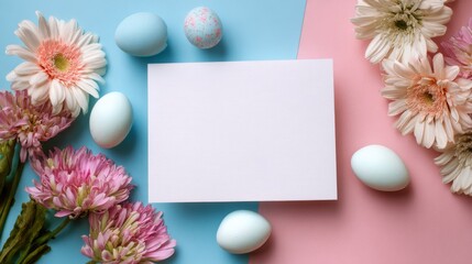 Blank greeting card surrounded by spring flowers and colorful easter eggs on a pastel background for holiday decoration and seasonal celebration