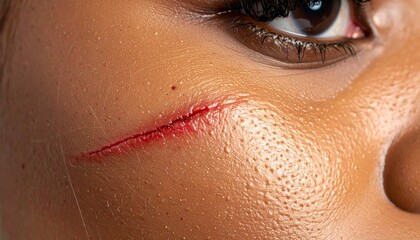 Close-up extreme macro shot of a fresh wound with blood on human skin, showing the texture and depth of the injury
