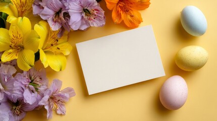 Blank greeting card surrounded by spring flowers and colorful easter eggs on a pastel background for holiday decoration and seasonal celebration