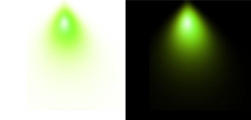 Bright green spotlight cone shining downwards displaying luminous glow effect on transparent and dark canvas settings