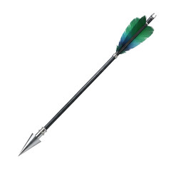 Single archery arrow with silver tip and green feathers