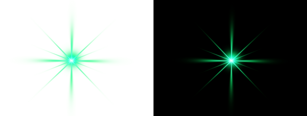 Aquamarine star shaped light effect with long distinct rays shown on transparent canvas and deep black background