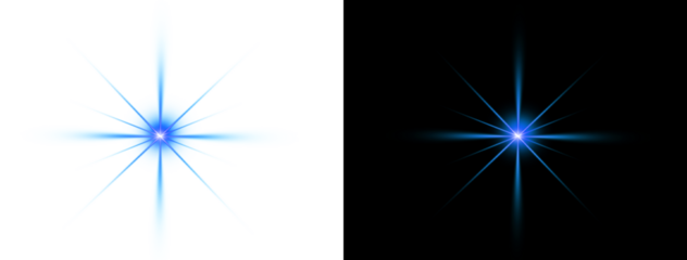 Abstract blue light flare with sparkling rays isolated on black background for cinematic lens effect and decorative graphic design projects