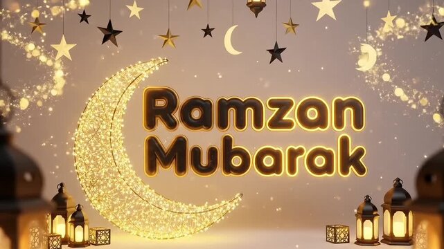 Eid islamic ramzan mubarak crescent moon with hanging stars lantern lights animation on warm background for greeting branding and festive commercial use
