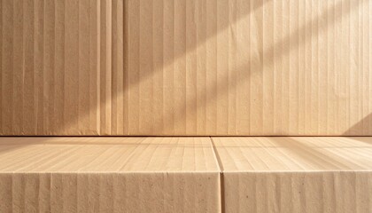 A close-up shot of stacked cardboard boxes with soft sunlight casting shadows across the surface, perfect for packaging and shipping concepts