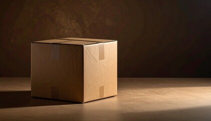 Plain cardboard box, sealed with tape, sitting on a textured floor against a neutral background, representing e-commerce, shipping, and storage solutions for various products