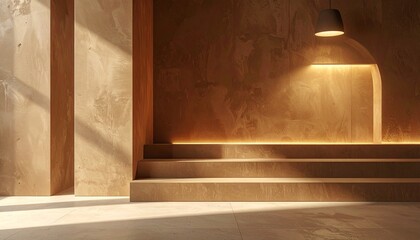 Warm, Inviting Interior With Archway and Steps Illuminated by a Modern Lamp