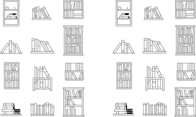 Various styles of bookshelves with books arranged in different ways