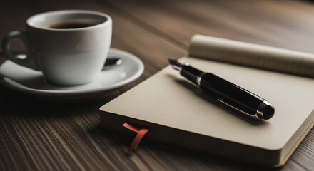 Fountain pen on journal next to a cup of coffee on a dark wooden desk, close-up shot for writing and planning concepts