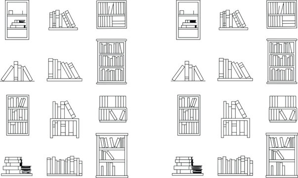 Various styles of bookshelves with books arranged in different ways