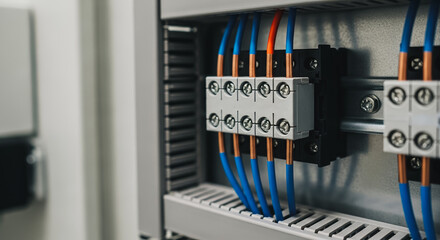 Close-up of electrical wiring connected to terminal blocks on a DIN rail inside an industrial control panel, showing power distribution and electrical connections.