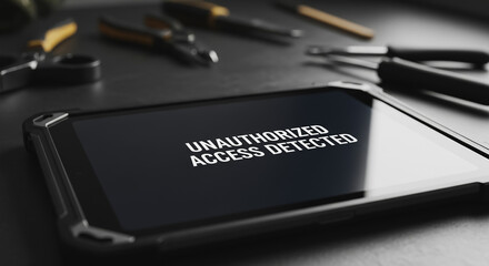 Unauthorized Access Detected warning message on a rugged tablet screen, symbolizing cybersecurity breach and hacking attempt with tools in the blurred background