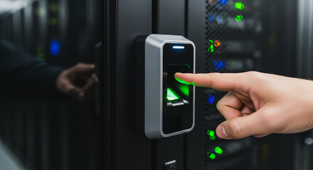 Secure data center access control using biometric fingerprint scanning technology on server rack door.