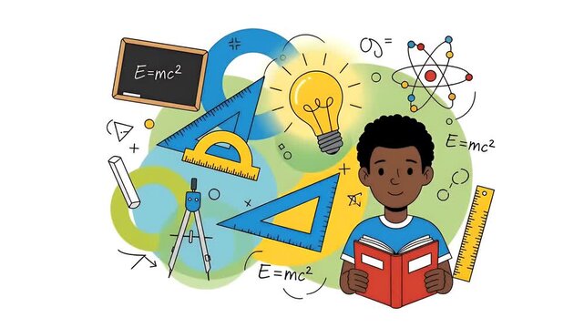 Boy Learning Math With Geometric Shapes and Formulas Motion Graphic