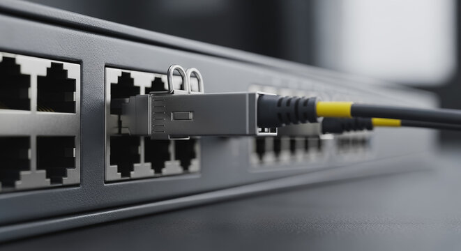 Close-up of SFP+ Transceiver Module Plugged into Network Switch Port, Representing High-Speed Data Center Connectivity and Fiber Optic Infrastructure