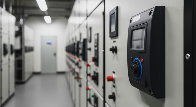Modern electrical control panel room close-up showing digital interface, automation, and power distribution systems in a factory or data center environment.
